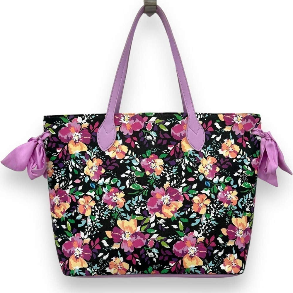 Multicolor Spring Floral Shoulder Bag Tote with Lavender Side Tie Ribbons